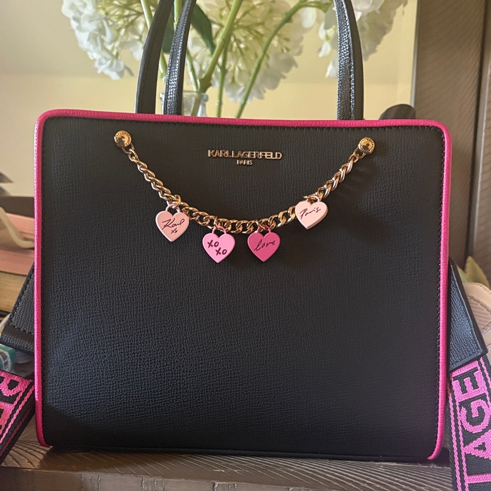 Karl Lagerfeld Black Satchel with Pink Accents
